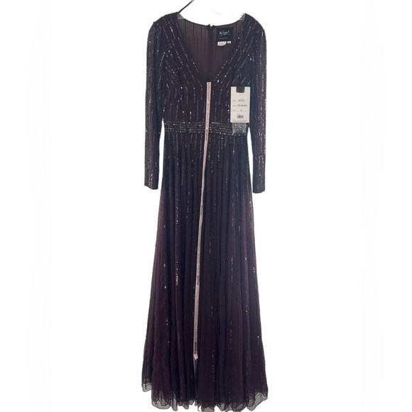 NWT Mac Duggal V Neck Sequined Illusion Long Sleeve A Line Gown Plum 6 - Picture 2 of 10